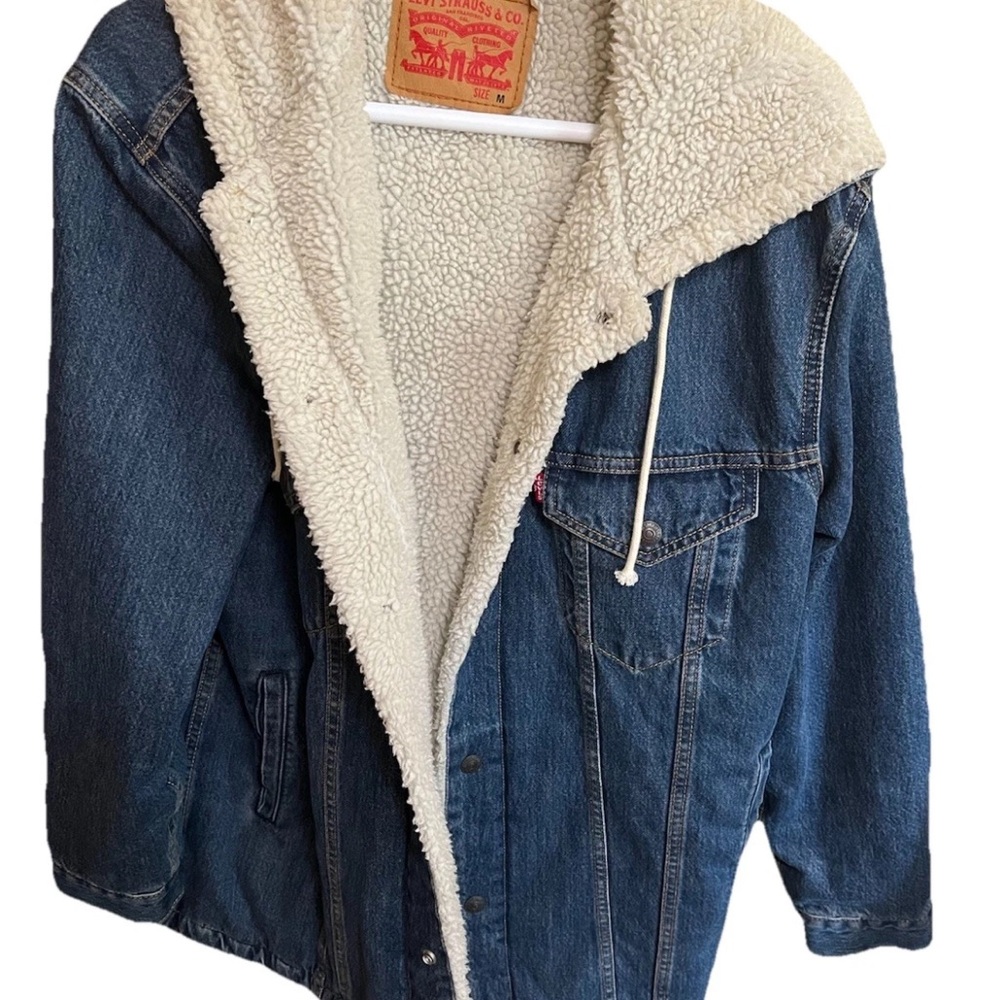 Levi's 72795 Sherpa Lined Hooded Denim Extended Length Jacket M Rare Oversized - Picture 3 of 13